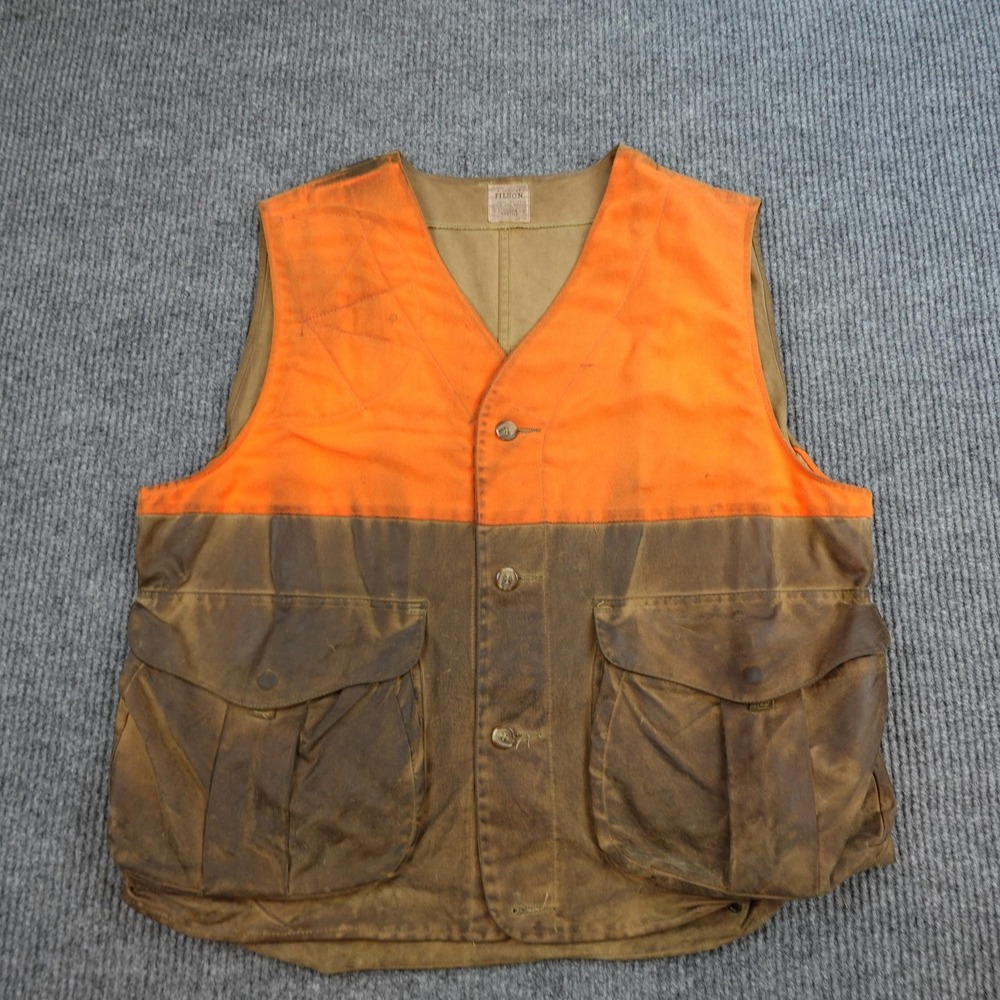 Filson Upland Waxed Hunting Vest Mens XL Orange Brown Canvas Pockets Outdoor